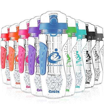 Grsta Fruit Infuser Water Bottle, Large 1 Litre + Freezer Ball + Infusion Rod + 11 Colors + Portable Sleeves, BPA Free Infuser Water Bottle for Sport, Gym, Yoga, Leak Proof & Flip Top Lid