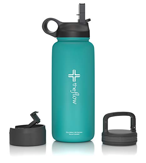 the flow stainless steel water bottle double walled/vacuum insulated - bpa/toxin free – wide mouth with straw lid, carabiner lid and flip lid, 32 oz (1 liter),18oz (500 ml)
