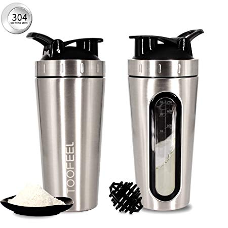 TOOFEEL Protein Shaker Bottle Sports Water Bottle Mixing Blender Protein Powders Stainless Steel Shaker Cup with Whisk Mixer Ball Large 28oz Smoothie Juice Mug