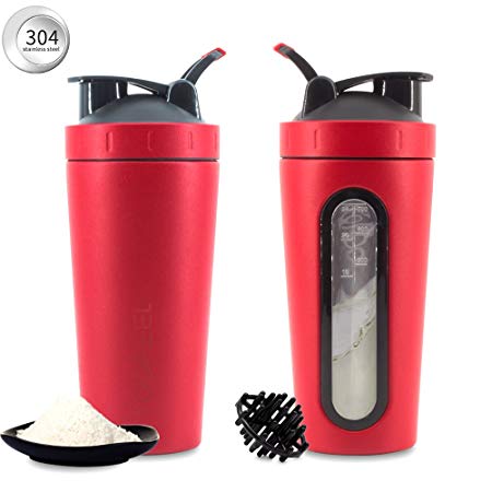 TOOFEEL Protein Shaker Bottle Sports Water Bottle Mixing Blender Protein Powders Stainless Steel Shaker Cup with Whisk Mixer Ball Large 28oz Smoothie Juice Mug/Red